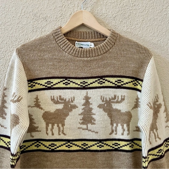Vintage M. HYMAN And SON Sweater Pullover Intarsia Cowichan Moose Western Tan L - Picture 3 of 7
